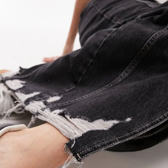 TOPSHOP Denim Maxi Long SKIRT Size 4 Destroyed Hem Front Slit Black NEW - Picture 3 of 10